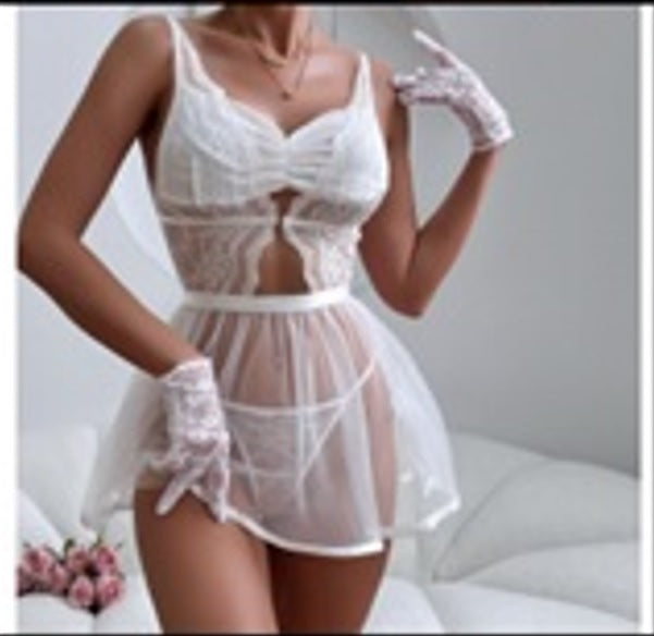 Luxurious White Baby-Doll Lingerie Set ( Sheer Lace)