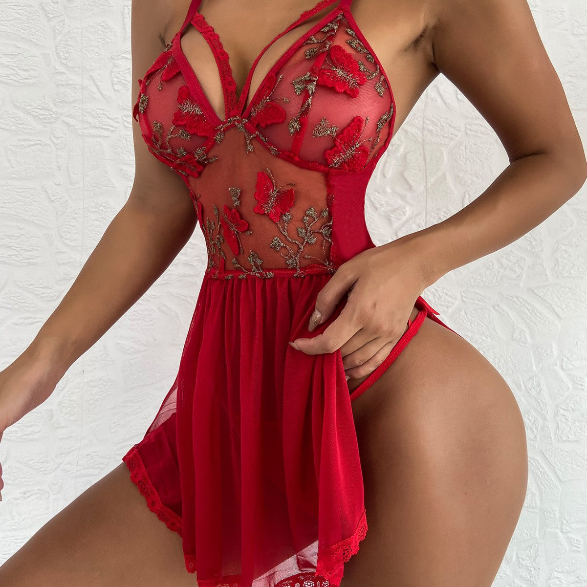 Luxurious Red Baby-Doll Lingerie Set (floral embroidery)