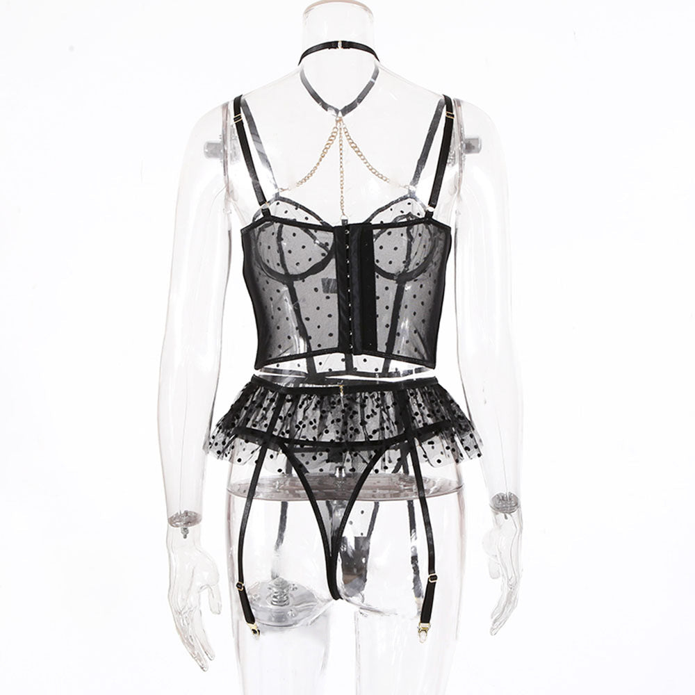 Luxurious Dot Black Transparent Lingerie Set